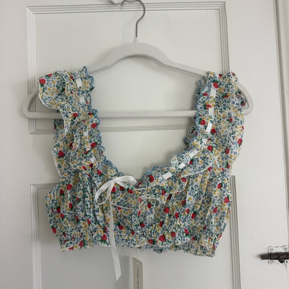 For Love And Lemons Tops - For Love & Lemons White Floral Strawberry Ruffle Crop Top